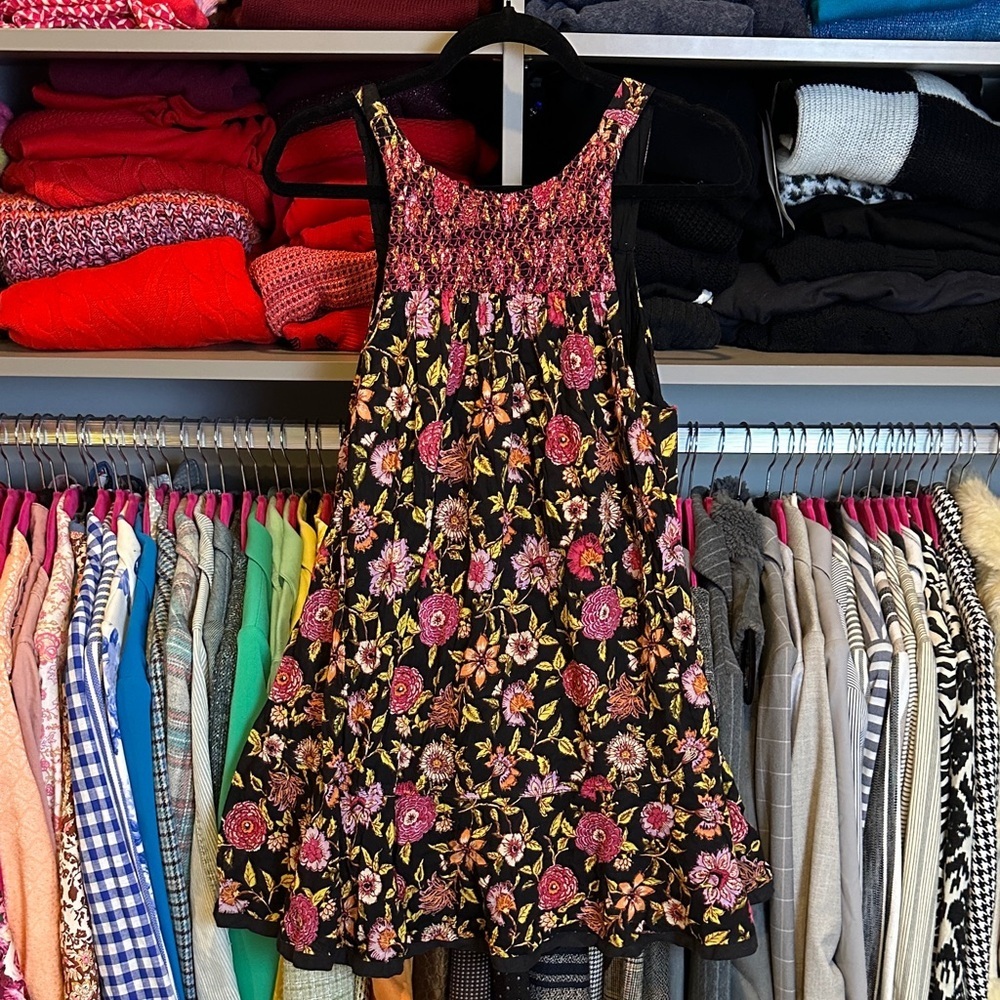 Free People black/pink/yellow floral v back sleeveless lined dress size XS